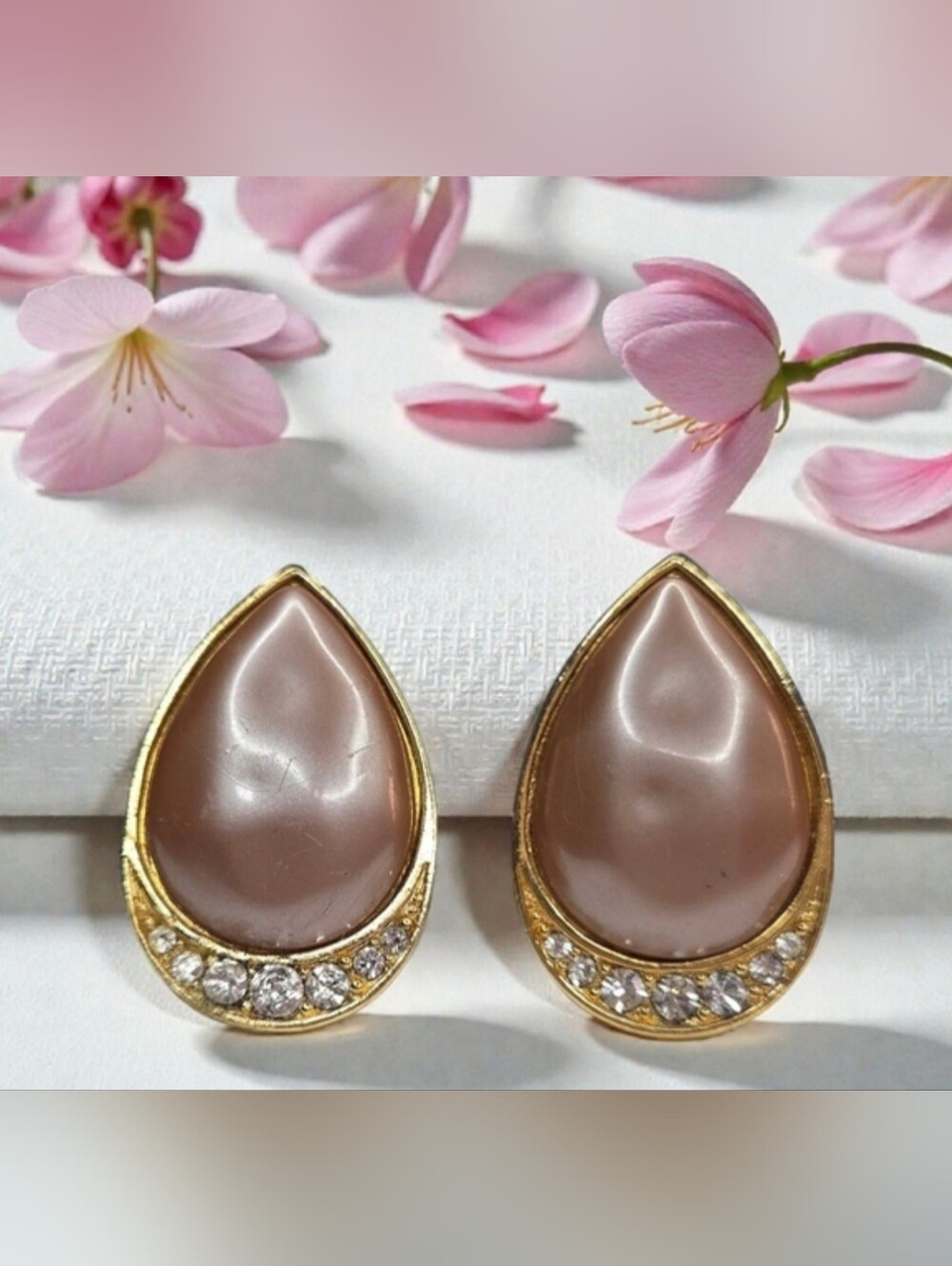 YSL Yves Saint Laurent Vintage Taupe Pearl Crystal Omega Earrings